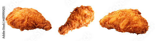 Three pieces of crispy fried chicken isolated on a white background, fast food, greasy food, unhealthy eating, poultry, american food, crispy chicken, chicken dinner, kentucky