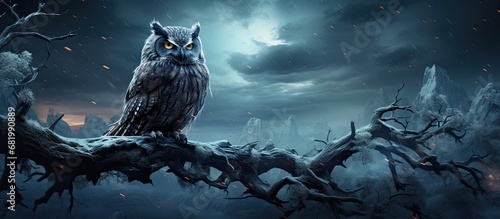 In the midst of the winter's barren landscape, a majestic nebulosa owl perches atop a big grey tree, silently observing the enchanted nature around, ready to strike as a predator in the animal-filled photo
