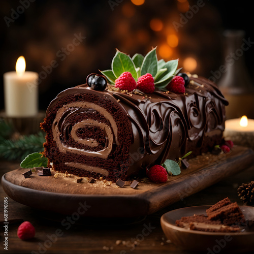 Yule Log Cake with Chocolate Frosting - Festive Holiday Delight