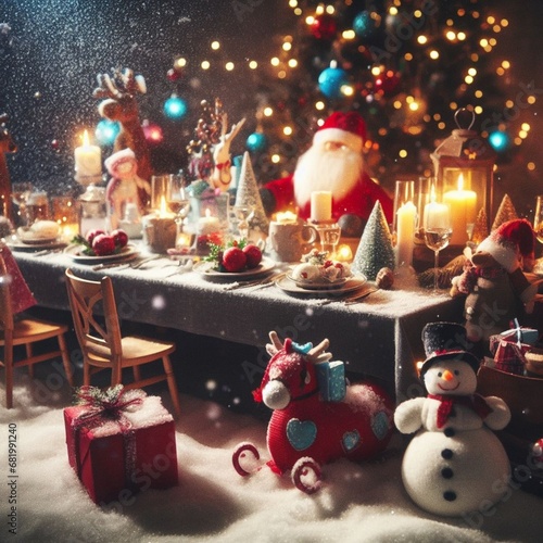christmas decoration with candles and different dishes in the snowy evening, ...
