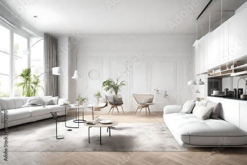 Modern interior in white color, lamp, table, luxury room, large window, arm chair