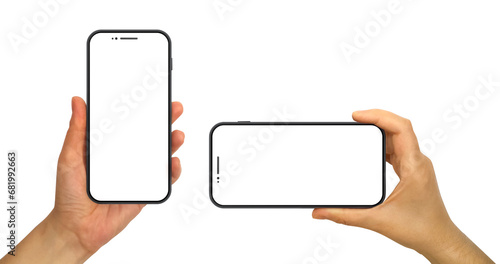 Hands holding mobile phone mockup. Blank smart phone screens isolated on transparent PNG background.  photo