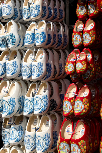 Wooden multi-colored shoes clogs in the souvenir shop