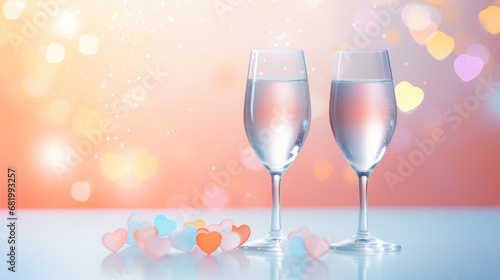 A two glass of sparkling wine on a soft pastel colorful bokeh background