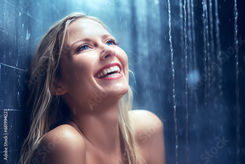 Blond Woman Shower Smile Water Happy
