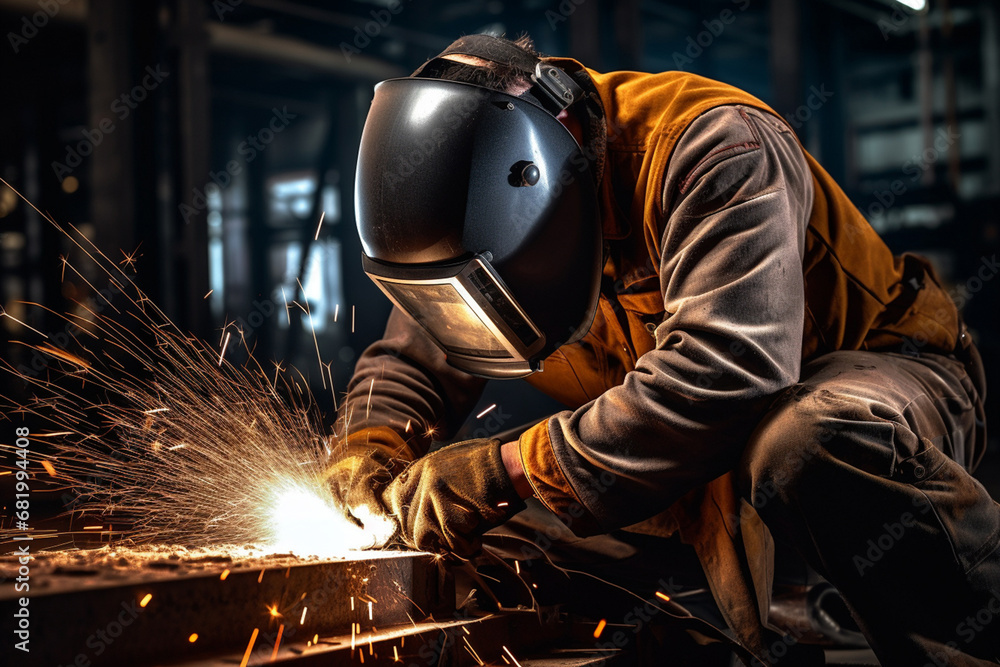 The portrait of a male worker in a safety outfit and welding helmet welds metal bars in a factory. Generative AI. The portrait of a male worker in a safety outfit and welding helmet welds metal bars in a factory. Generative AI.