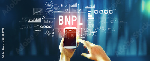 BNPL - Buy Now Pay Later theme with person using a smartphone