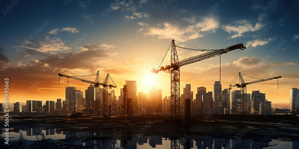 Obraz premium Cityscape depicted with towering skyscrapers and construction cranes