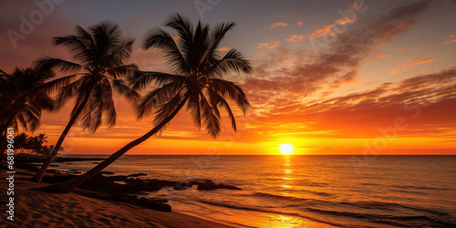 Sunset skies framing palm trees along the beach photo