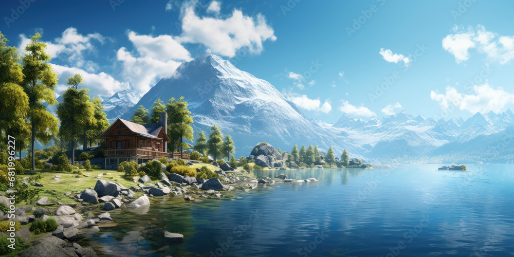 Fototapeta premium Mountain lake island featuring a single home