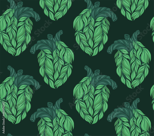 Vector seamless pattern with healthy human hearts made of leaves on dark green background. Texture on healthy organ transplantation theme.
