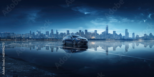 Cityscape background with a car in the foreground