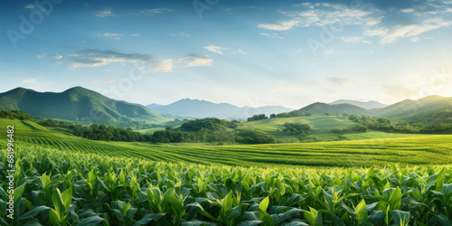 Rolling cornfields with the backdrop of hills and mountains