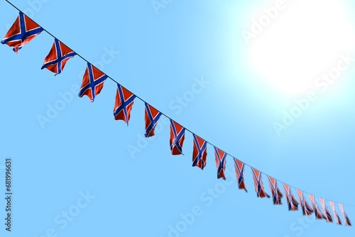 wonderful labor day flag 3d illustration. - many Novorossia flags or banners hangs diagonal on string on blue sky background with selective focus photo