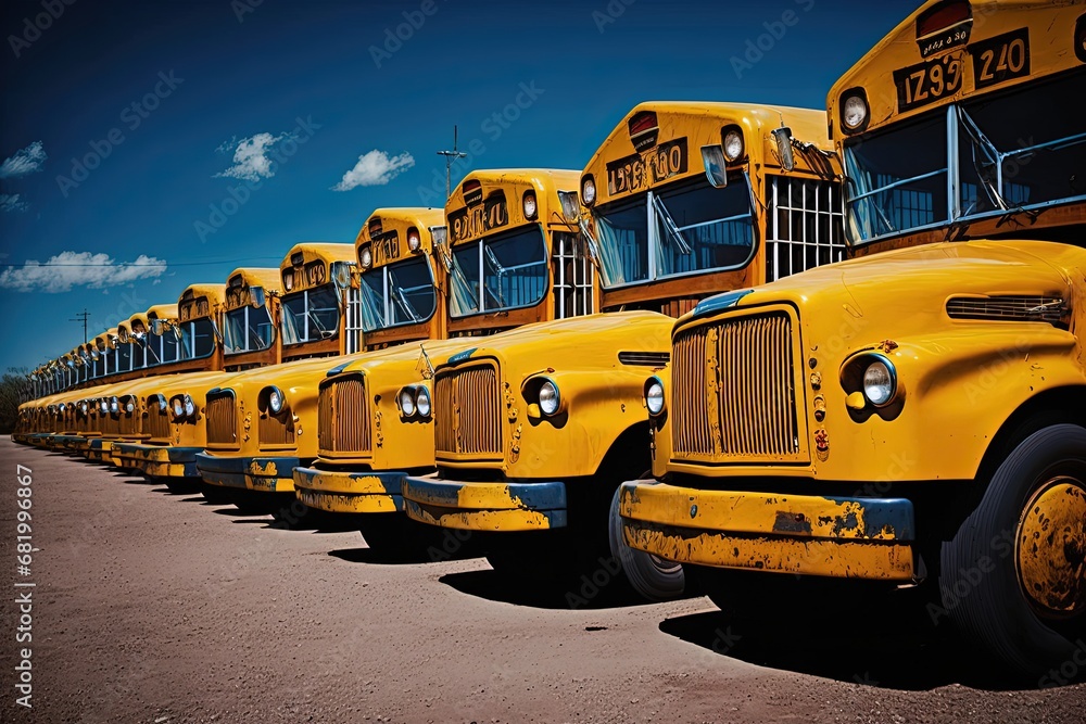 Yellow school buses row bus education transportation parked children public vehicle parking front ride student transport lot stop american drive elementary safety autumn background day fall road