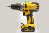 Yellow electric screwdriver drill white isolated background equipment handle tool screw repair work construction industry battery instrument power black cordless steel hardware device fix handyman