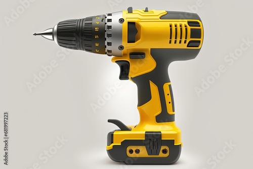 Yellow electric screwdriver drill white isolated background equipment handle tool screw repair work construction industry battery instrument power black cordless steel hardware device fix handyman photo