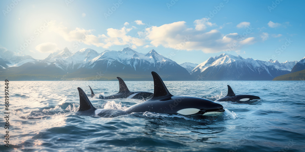 Fototapeta premium Orcas swimming in the sea with mountainous backdrop