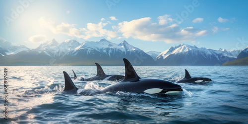 Orcas swimming in the sea with mountainous backdrop © Malika