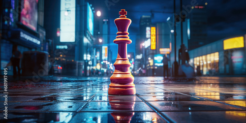 Single chess piece showcased under the city's bright lights photo