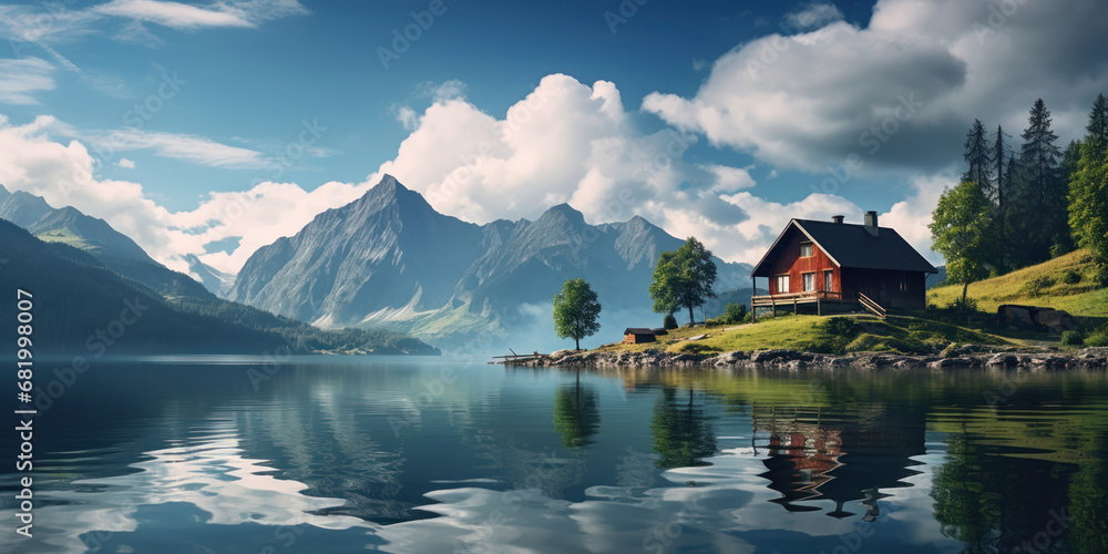 Naklejka premium Solitary house situated on an island within a lake surrounded by mountains