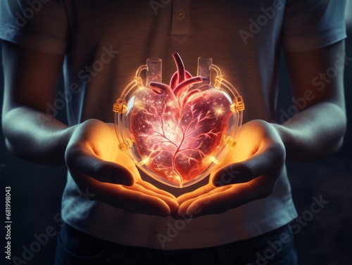 Glowing Human Heart Held Carefully in Hands