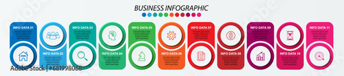 Simple infographic 11 parts or options, simple design with circles and square solid lines with colorful, icons, text and numbers, for presentations, flow diagrams and your business