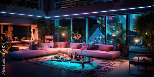 Neon lighting over a pool inside a living room © Malika