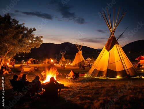 Twilight Glow at a Tipi Campsite with Gathered Guests