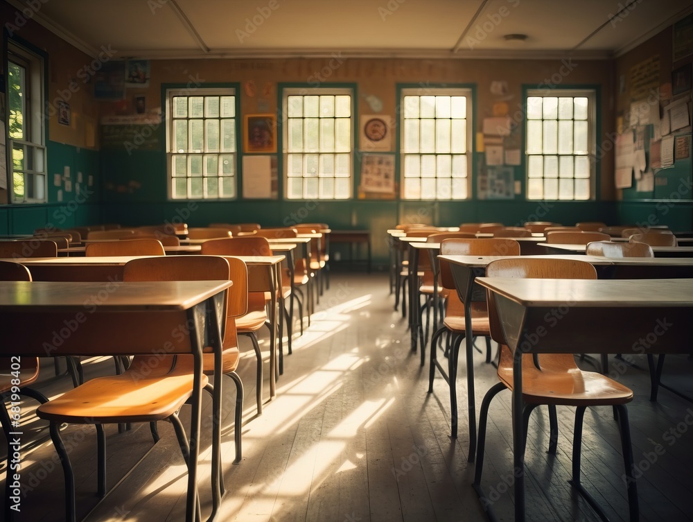 Empty Classroom with Sunlight Casting Warm Hues Empty Classroom with Sunlight Casting Warm Hues