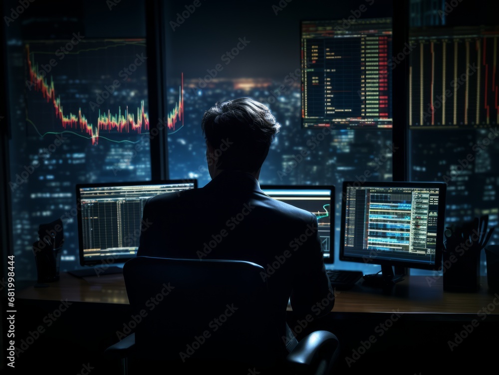 Focused Trader Analyzing Data on Multiple Computer Screens Focused Trader Analyzing Data on Multiple Computer Screens