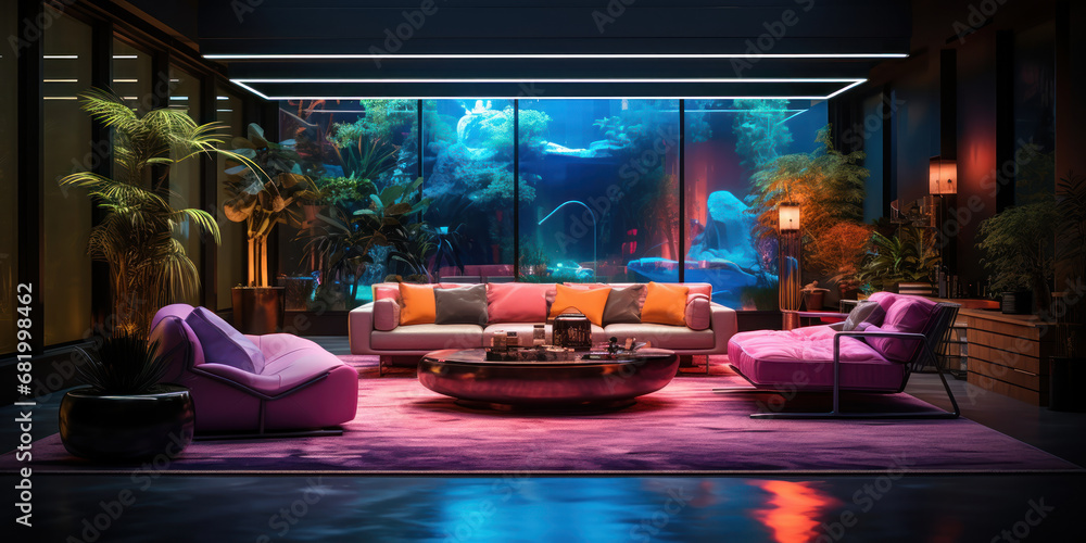Fototapeta premium Living room featuring a pool under neon lights