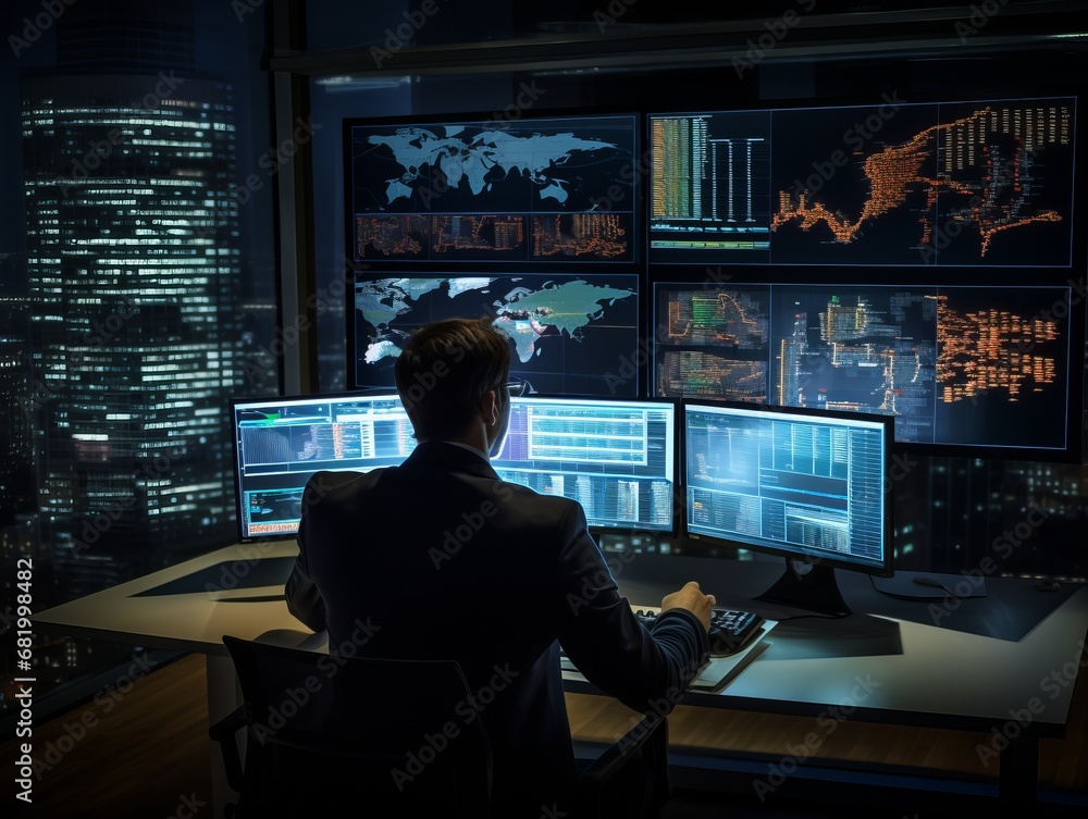 Focused Trader Analyzing Data on Multiple Computer Screens Focused Trader Analyzing Data on Multiple Computer Screens