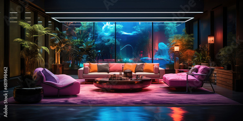 Living room featuring a pool under neon lights © Malika