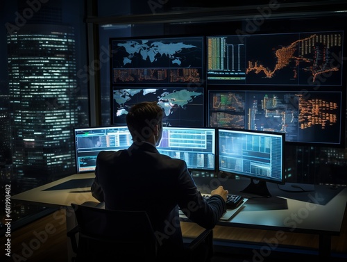Focused Trader Analyzing Data on Multiple Computer Screens