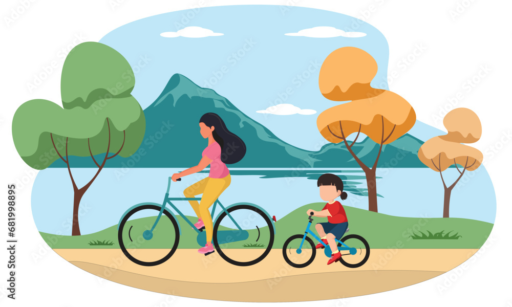 Leisure cycling outdoor. Woman and kid cyclist. Vector illustration.