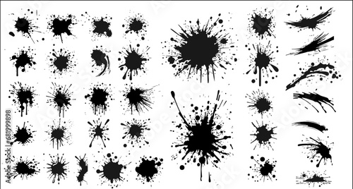 A group of ink blots. Black ink stains and dirt spots scattered with isolated drops and spots. Stencil ink spray. High quality hand traced. Isolated spot drops. Vector illustration