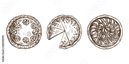 Hand-drawn vintage set of traditional cakes and pies sketch. Sweet bakery, fruit, berries, pumpkin. Top view. Vector collection of ink baking illustration. Food for Thanksgiving, Christmas.