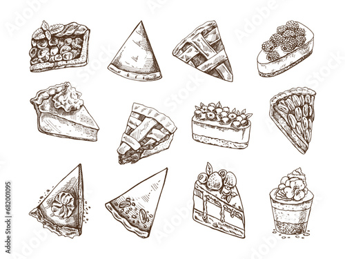 Hand-drawn vintage set of pieces of traditional cakes, tarts and pies sketch. Sweet bakery, fruit, berries. Top view. Vector collection of ink baking illustration. Food for Thanksgiving, Christmas.