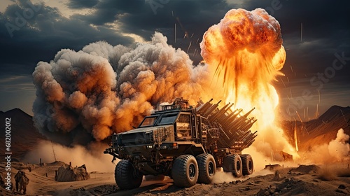 Fotografiet Explosion of a rocket bomb next to military equipment multiple launch rocket lau