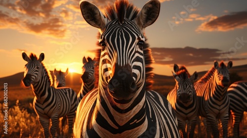Beautiful wild animals African striped black and white zebras on the loose on a nature safari at sunset