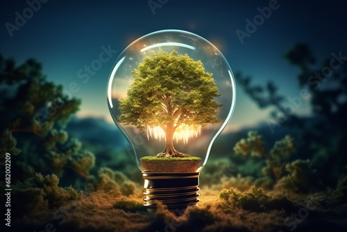 A tree growing inside of a light bulb is a surreal and symbolic image that represents the interconnectedness of nature and technology. The tree represents life and growth