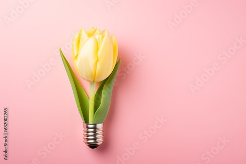 A yellow tulip growing out of a light bulb on a pink background is a surreal and whimsical image that evokes feelings of spring, hope, and new beginnings. photo