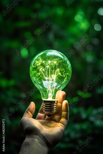 A hand holds a green light bulb against the backdrop of a vibrant, green forest. The light bulb is lit, casting a soft, green glow on the person's hand and the surrounding trees