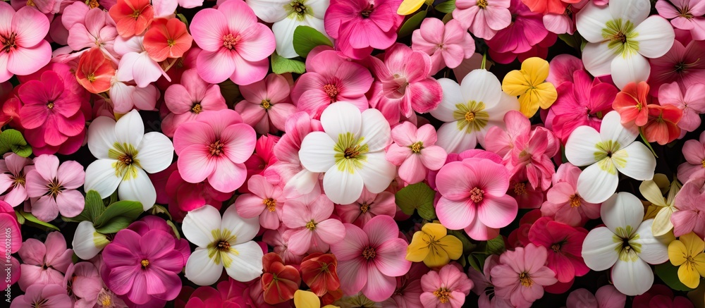 Fototapeta premium Summer is the season when nature abounds with beauty, as colorful flowers bloom in vibrant pink, white, and green hues, their delicate petals forming a stunning floral tapestry that showcases the