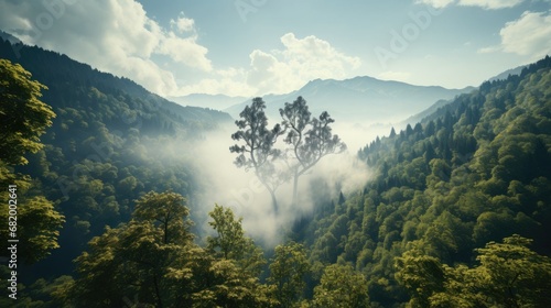 Big tree in the forest among trees and mountains in nature