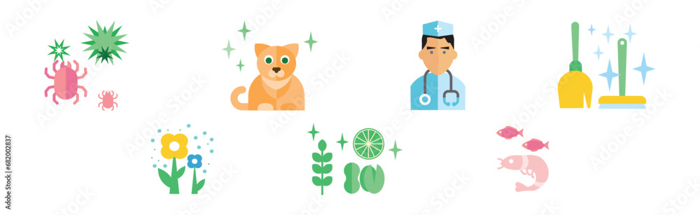 Allergy Concept with Risk Factors Flat Icon Vector Set Allergy Concept with Risk Factors Flat Icon Vector Set