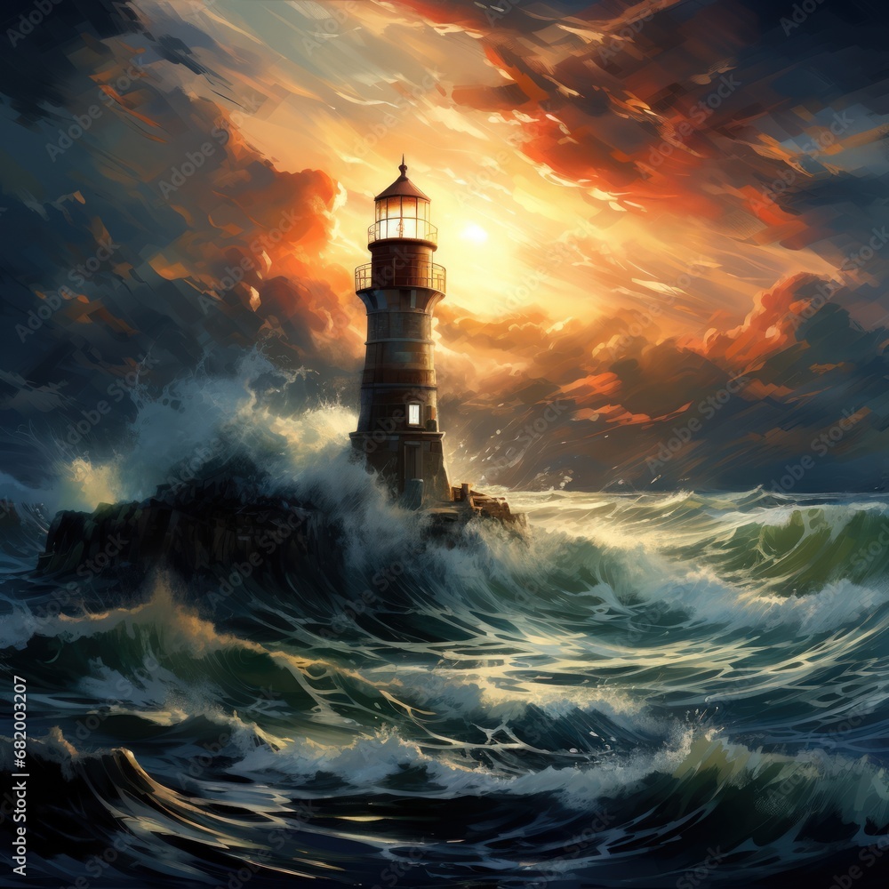 A painting of a lighthouse on a beach with waves crashing against the shore