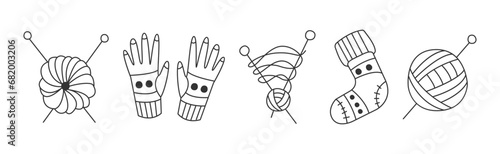 Hand Drawn Knitting Item with Yarn, Mitten and Sock Vector Set