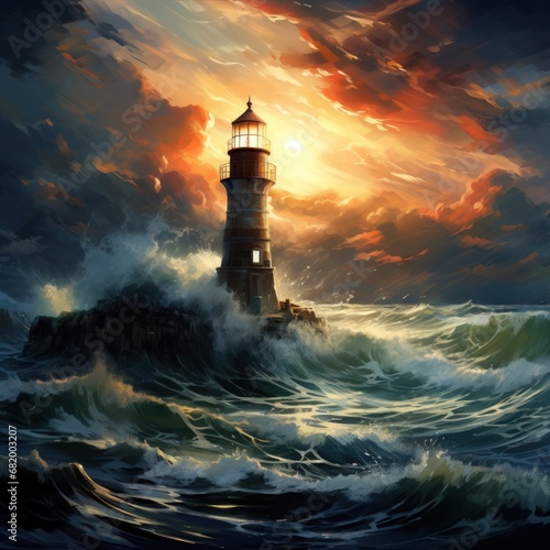 A painting of a lighthouse on a beach with waves crashing against the shore